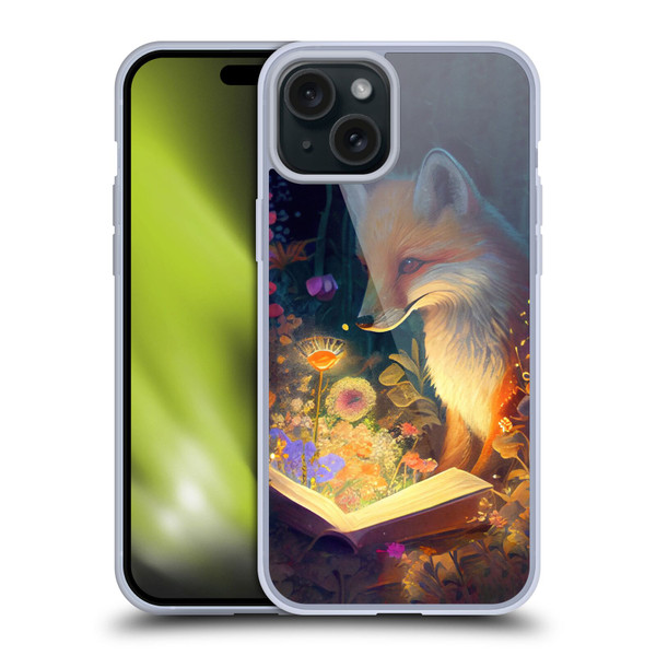 JK Stewart Art Fox Reading Soft Gel Case for Apple iPhone 15 Plus