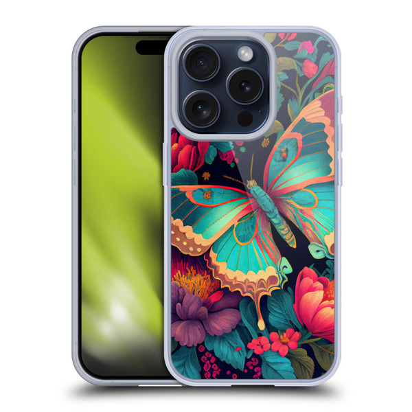JK Stewart Art Butterfly And Flowers Soft Gel Case for Apple iPhone 15 Pro