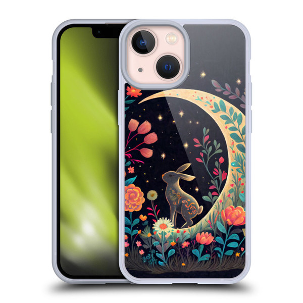 JK Stewart Key Art Rabbit On Crescent Moon Soft Gel Case for Apple iPhone 13 Mini