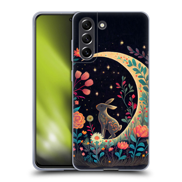JK Stewart Key Art Rabbit On Crescent Moon Soft Gel Case for Samsung Galaxy S21 FE 5G