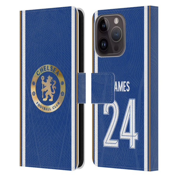 Chelsea Football Club 2023/24 Players Home Kit Reece James Leather Book Wallet Case Cover For Apple iPhone 15 Pro