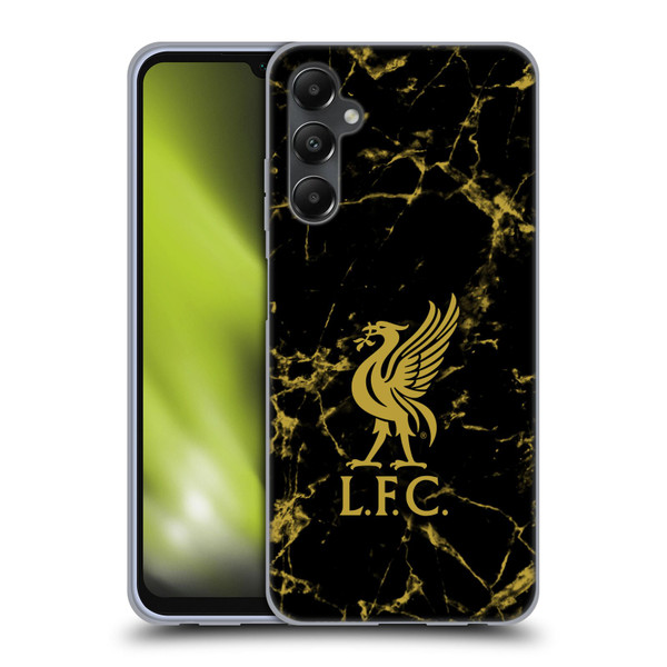 Liverpool Football Club Crest & Liverbird Patterns 1 Black & Gold Marble Soft Gel Case for Samsung Galaxy A05s