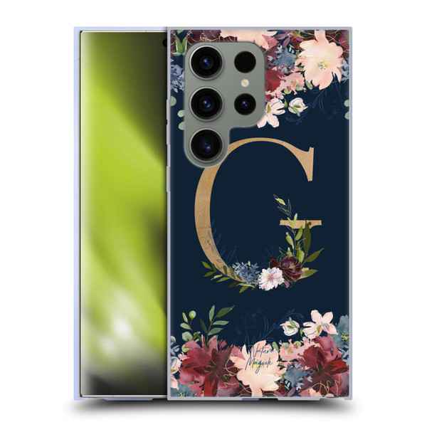 Nature Magick Floral Monogram Gold Navy Letter G Soft Gel Case for Samsung Galaxy S24 Ultra 5G