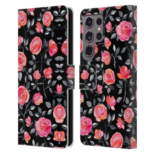Micklyn Le Feuvre Florals Roses on Black Leather Book Wallet Case Cover For Samsung Galaxy S24 Ultra 5G