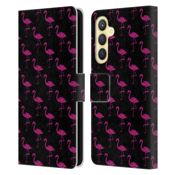 PLdesign Sparkly Flamingo Pink Pattern On Black Leather Book Wallet Case Cover For Samsung Galaxy S23 FE 5G