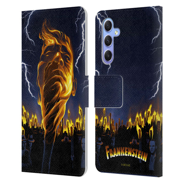 Universal Monsters Frankenstein Flame Leather Book Wallet Case Cover For Samsung Galaxy A34 5G