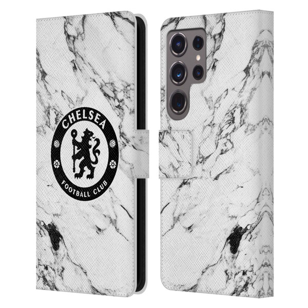 Chelsea Football Club Crest White Marble Leather Book Wallet Case Cover For Samsung Galaxy S24 Ultra 5G