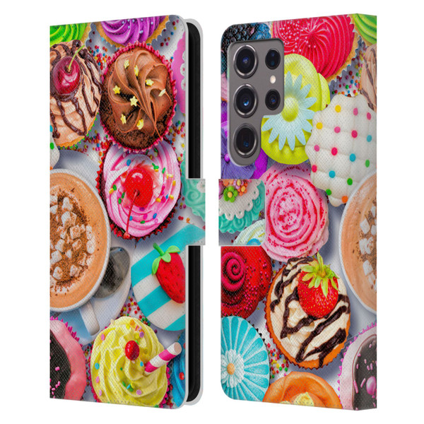 Aimee Stewart Colourful Sweets Cupcakes And Cocoa Leather Book Wallet Case Cover For Samsung Galaxy S24 Ultra 5G
