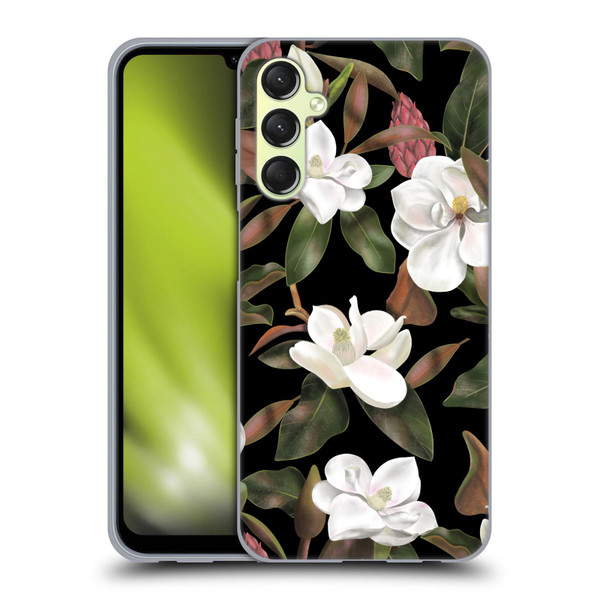 Anis Illustration Magnolias Pattern Black Soft Gel Case for Samsung Galaxy A24 4G / Galaxy M34 5G