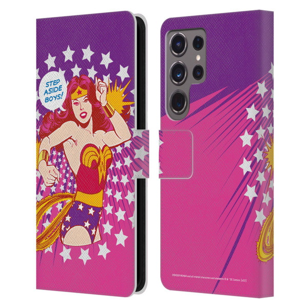 Wonder Woman DC Comics Vintage Art Step Aside Leather Book Wallet Case Cover For Samsung Galaxy S24 Ultra 5G