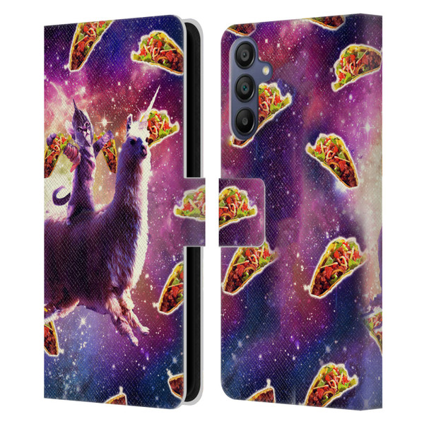 Random Galaxy Space Llama Warrior Cat & Tacos Leather Book Wallet Case Cover For Samsung Galaxy A15