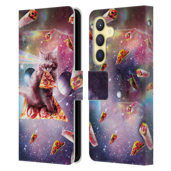 Random Galaxy Space Pizza Ride Outer Space Lazer Cat Leather Book Wallet Case Cover For Samsung Galaxy S24 5G
