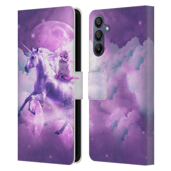 Random Galaxy Space Unicorn Ride Purple Galaxy Cat Leather Book Wallet Case Cover For Samsung Galaxy A15