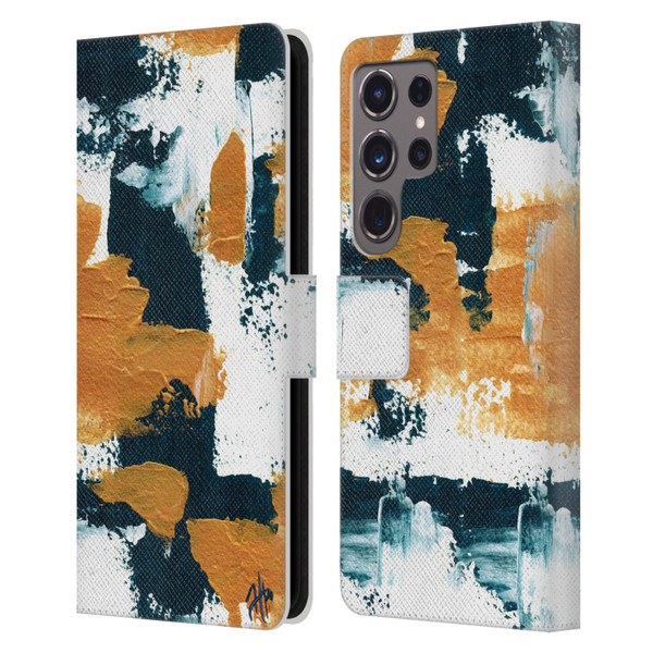 Haley Bush Pattern Painting Abstract Navy Gold White Leather Book Wallet Case Cover For Samsung Galaxy S24 Ultra 5G