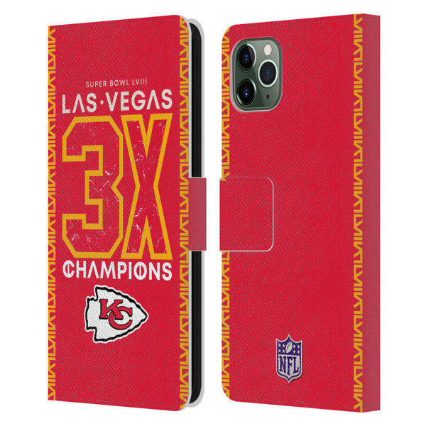 NFL 2024 Super Bowl LVIII Champions Kansas City Chiefs 3x Champ Leather Book Wallet Case Cover For Apple iPhone 11 Pro Max