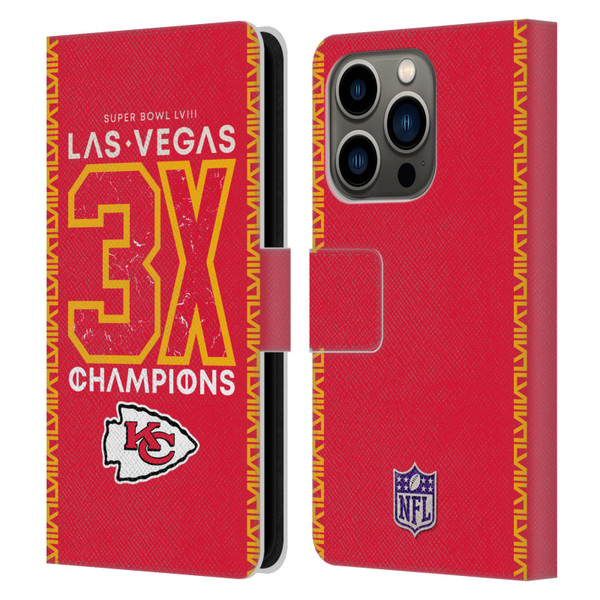 NFL 2024 Super Bowl LVIII Champions Kansas City Chiefs 3x Champ Leather Book Wallet Case Cover For Apple iPhone 14 Pro