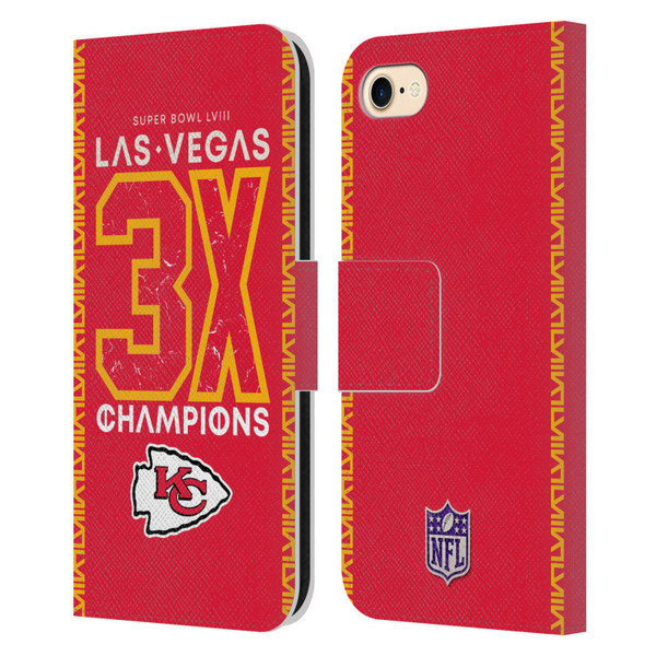 NFL 2024 Super Bowl LVIII Champions Kansas City Chiefs 3x Champ Leather Book Wallet Case Cover For Apple iPhone 7 / 8 / SE 2020 & 2022