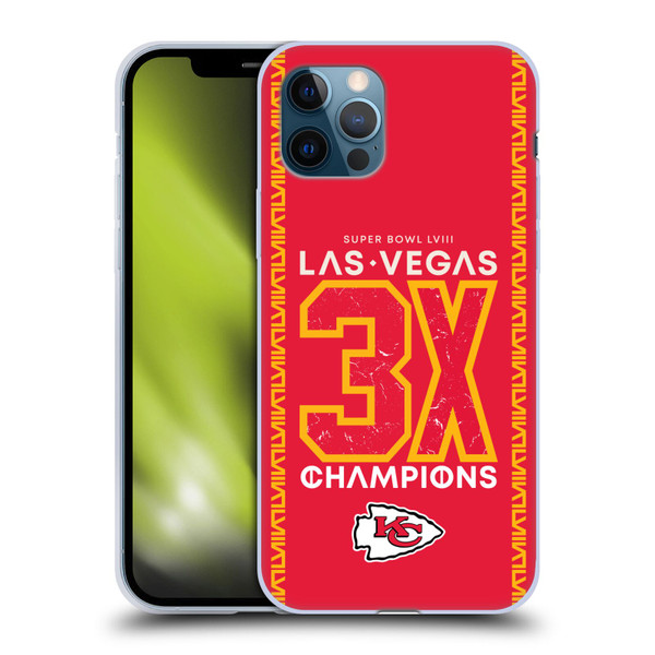 NFL 2024 Super Bowl LVIII Champions Kansas City Chiefs 3x Champ Soft Gel Case for Apple iPhone 12 / iPhone 12 Pro