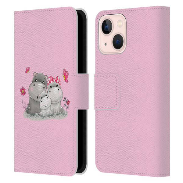 Haroulita Forest Hippo Family Leather Book Wallet Case Cover For Apple iPhone 13 Mini