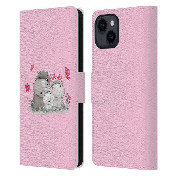 Haroulita Forest Hippo Family Leather Book Wallet Case Cover For Apple iPhone 15