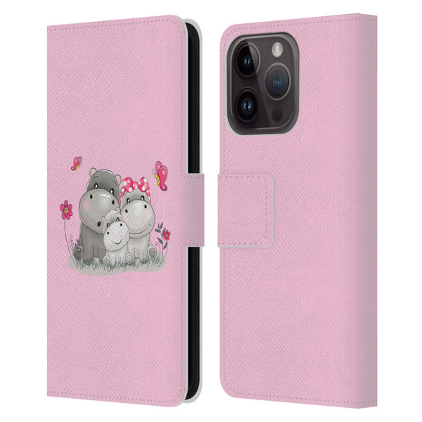 Haroulita Forest Hippo Family Leather Book Wallet Case Cover For Apple iPhone 15 Pro