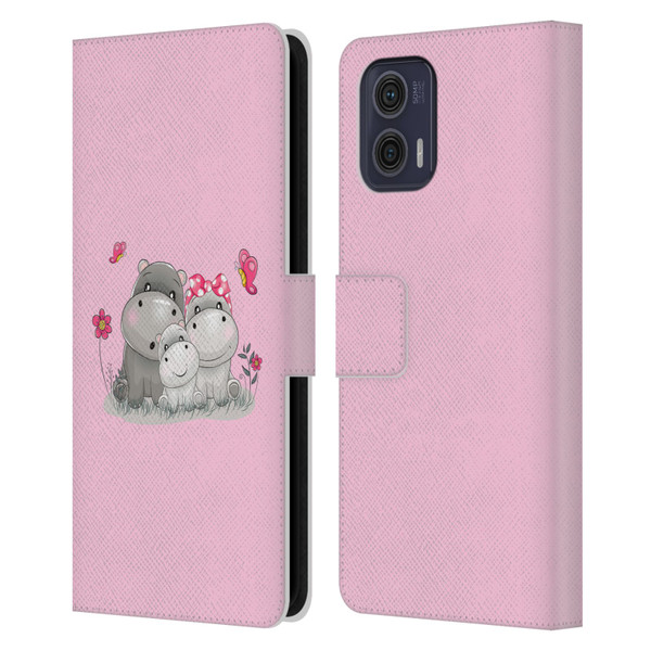 Haroulita Forest Hippo Family Leather Book Wallet Case Cover For Motorola Moto G73 5G
