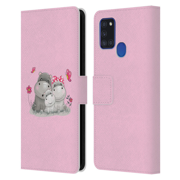 Haroulita Forest Hippo Family Leather Book Wallet Case Cover For Samsung Galaxy A21s (2020)