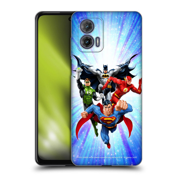 Justice League DC Comics Airbrushed Heroes Blue Purple Soft Gel Case for Motorola Moto G73 5G