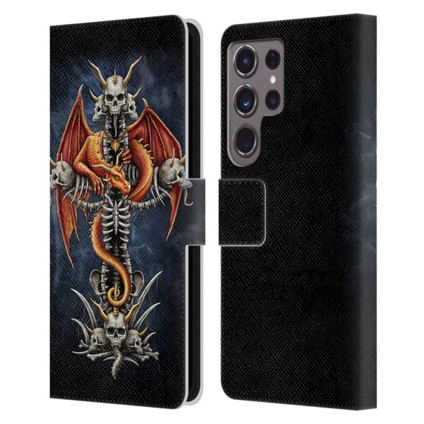 Sarah Richter Fantasy Creatures Red Dragon Guarding Bone Cross Leather Book Wallet Case Cover For Samsung Galaxy S24 Ultra 5G