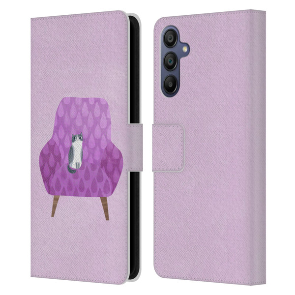 Planet Cat Arm Chair Lilac Chair Cat Leather Book Wallet Case Cover For Samsung Galaxy A15