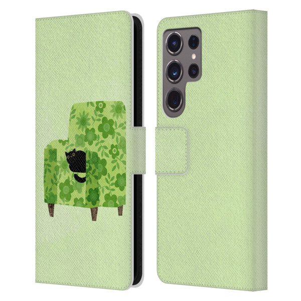 Planet Cat Arm Chair Pear Green Chair Cat Leather Book Wallet Case Cover For Samsung Galaxy S24 Ultra 5G