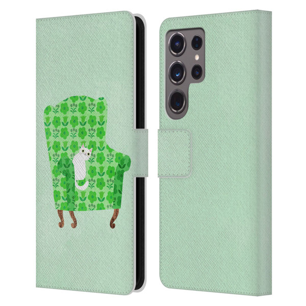 Planet Cat Arm Chair Spring Green Chair Cat Leather Book Wallet Case Cover For Samsung Galaxy S24 Ultra 5G