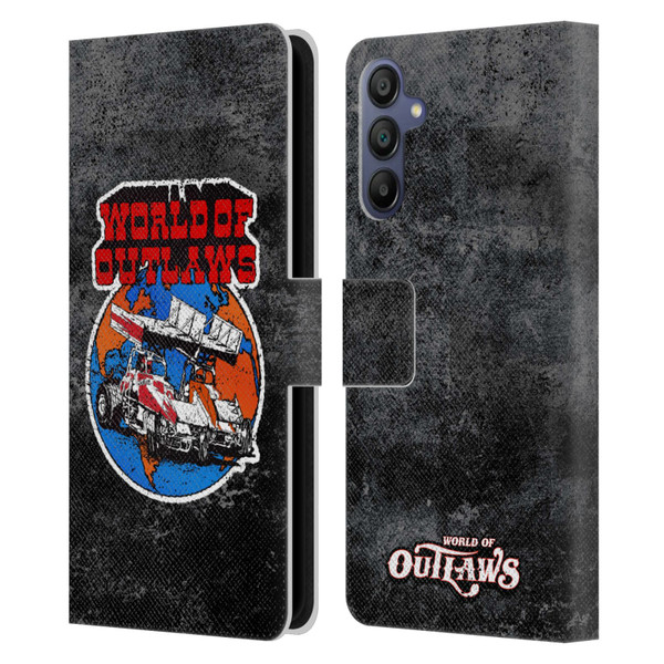 World of Outlaws Western Graphics Distressed Sprint Car Logo Leather Book Wallet Case Cover For Samsung Galaxy A15