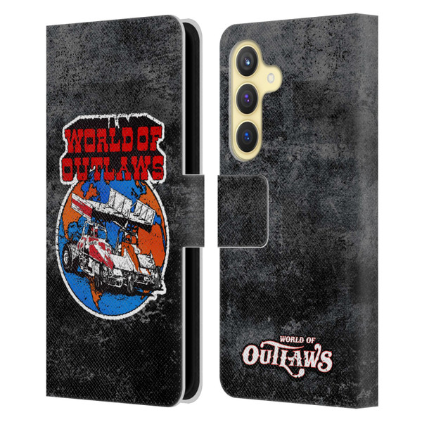 World of Outlaws Western Graphics Distressed Sprint Car Logo Leather Book Wallet Case Cover For Samsung Galaxy S24 5G