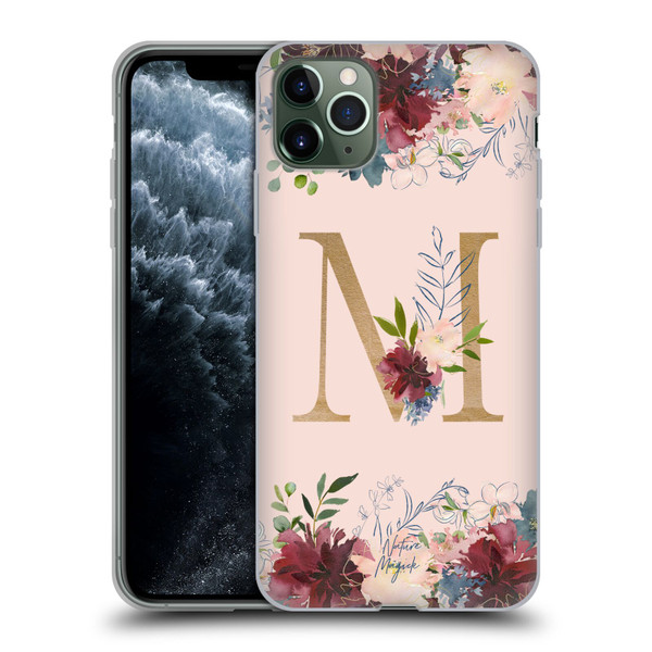 Nature Magick Flowers Monogram Rose Gold 1 Letter M Soft Gel Case for Apple iPhone 11 Pro Max
