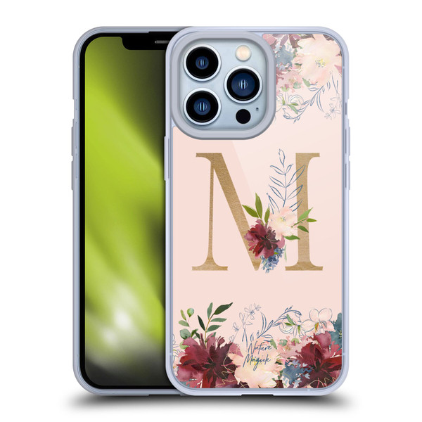 Nature Magick Flowers Monogram Rose Gold 1 Letter M Soft Gel Case for Apple iPhone 13 Pro