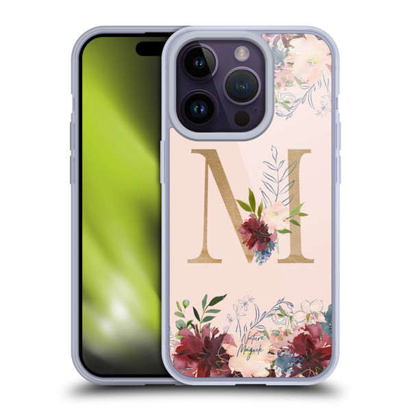 Nature Magick Flowers Monogram Rose Gold 1 Letter M Soft Gel Case for Apple iPhone 14 Pro