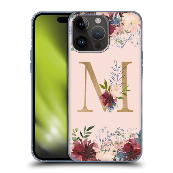 Nature Magick Flowers Monogram Rose Gold 1 Letter M Soft Gel Case for Apple iPhone 15 Pro Max