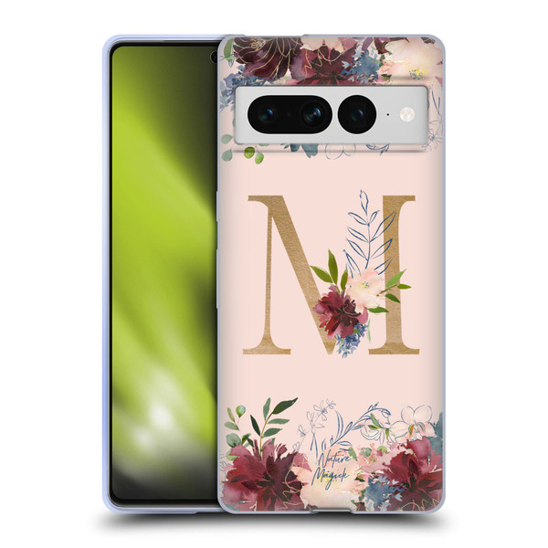 Nature Magick Flowers Monogram Rose Gold 1 Letter M Soft Gel Case for Google Pixel 7 Pro