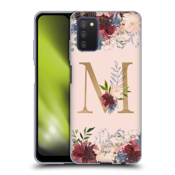 Nature Magick Flowers Monogram Rose Gold 1 Letter M Soft Gel Case for Samsung Galaxy A03s (2021)