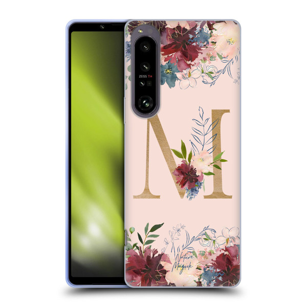 Nature Magick Flowers Monogram Rose Gold 1 Letter M Soft Gel Case for Sony Xperia 1 IV