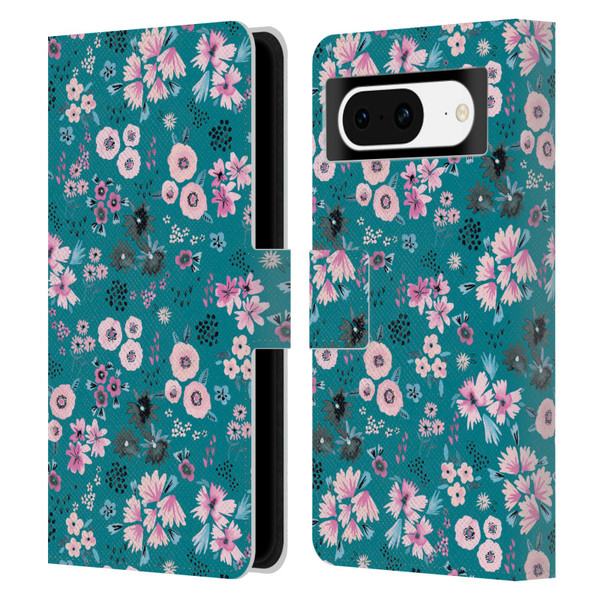Ninola Floral Patterns Little Dark Turquoise Leather Book Wallet Case Cover For Google Pixel 8