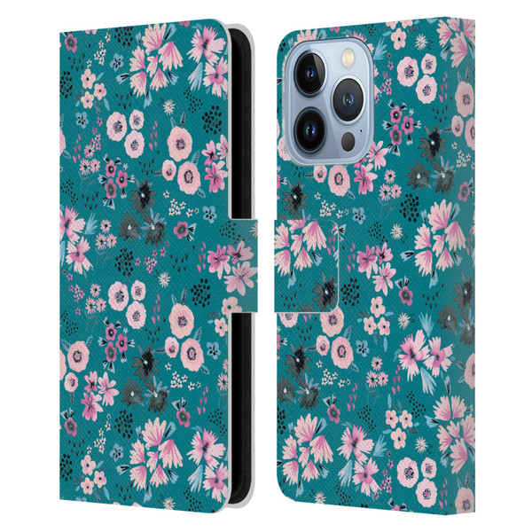 Ninola Floral Patterns Little Dark Turquoise Leather Book Wallet Case Cover For Apple iPhone 13 Pro