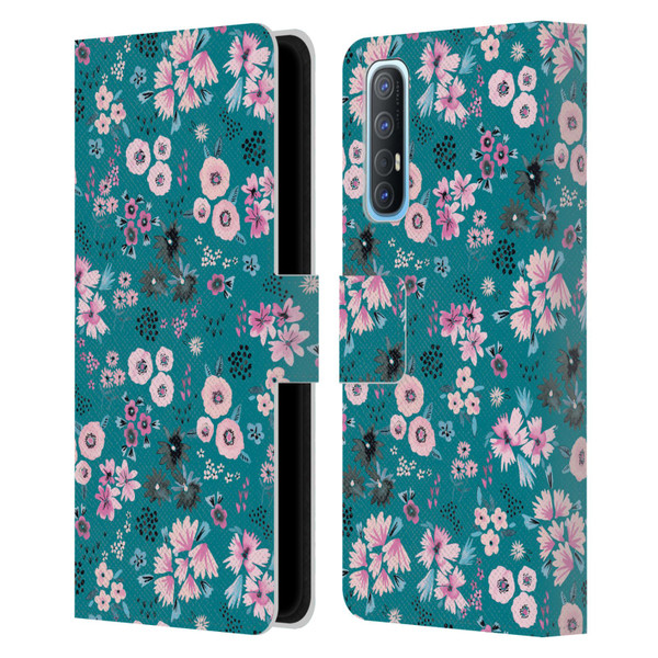 Ninola Floral Patterns Little Dark Turquoise Leather Book Wallet Case Cover For OPPO Find X2 Neo 5G