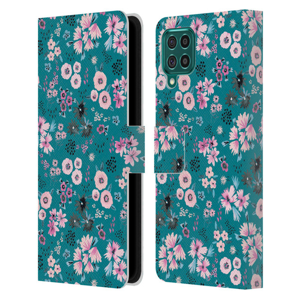 Ninola Floral Patterns Little Dark Turquoise Leather Book Wallet Case Cover For Samsung Galaxy F62 (2021)