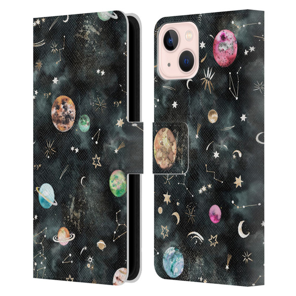 Ninola Watercolor Patterns Space Galaxy Planets Leather Book Wallet Case Cover For Apple iPhone 13