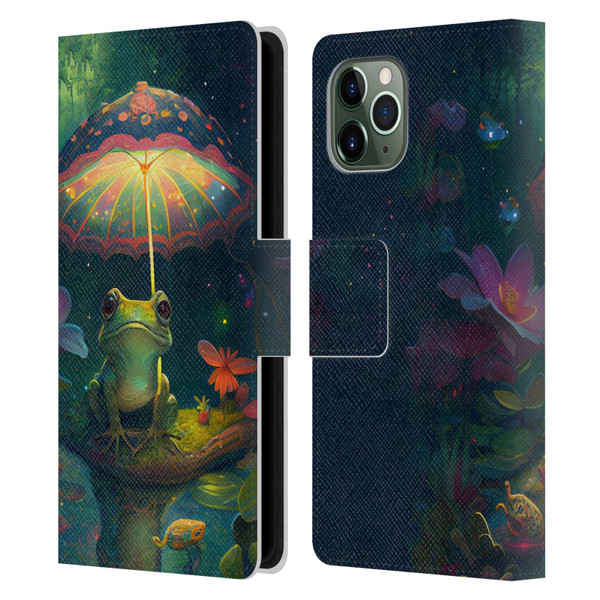JK Stewart Art Frog With Umbrella Leather Book Wallet Case Cover For Apple iPhone 11 Pro