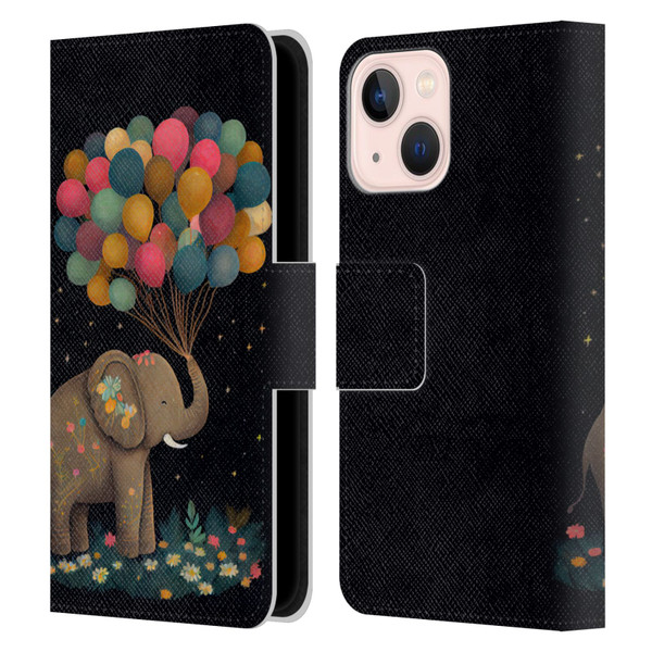 JK Stewart Art Elephant Holding Balloon Leather Book Wallet Case Cover For Apple iPhone 13 Mini