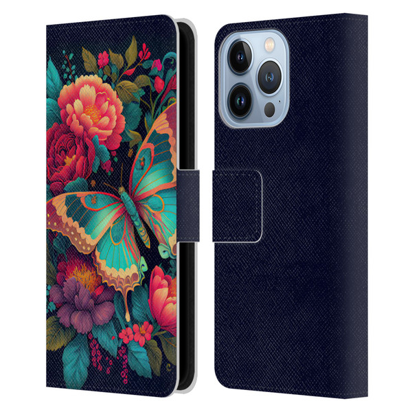 JK Stewart Art Butterfly And Flowers Leather Book Wallet Case Cover For Apple iPhone 13 Pro