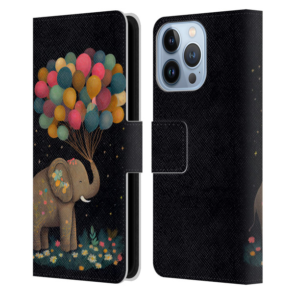 JK Stewart Art Elephant Holding Balloon Leather Book Wallet Case Cover For Apple iPhone 13 Pro